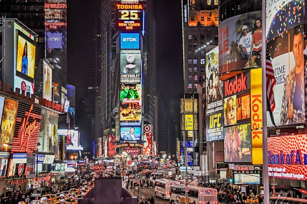 Explore the bustling nightlife of Times Square with dazzling lights and vibrant crowds.